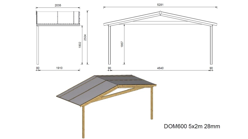 Abri de jardin en bois - 5x3 m + terrasse avec balustrade et avant-toit en bois - 25 m2