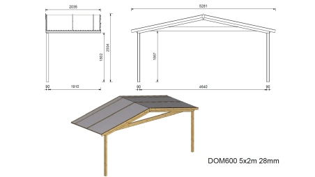 Abri de jardin en bois - 5x3 m + terrasse avec balustrade et avant-toit en bois - 25 m2