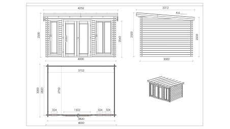 Abri de jardin en bois - 12m2 - 4x3m - Ep. 34mm - Couleur: naturel