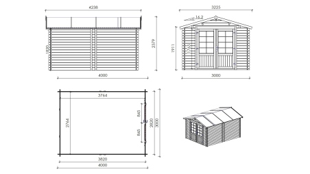 Abri de jardin en bois - 12m2 - 3x4m - Ep. 28mm - Couleur: naturel