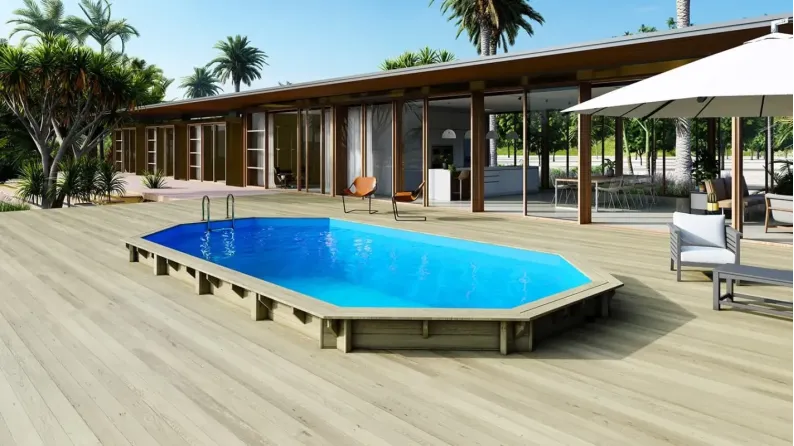 Piscine en bois 8,57x4,57 - H.1,31 m fixations à visser