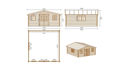Abri de jardin en bois - 34,80m2 - 5,90x5,90m - Traité - Ep. 45mm - Couleur: marron