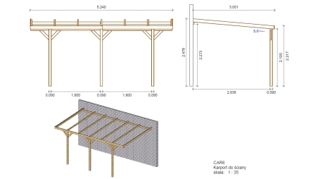 Carport, abri de voiture  3x5,24 m - 15 m2 - adossé 