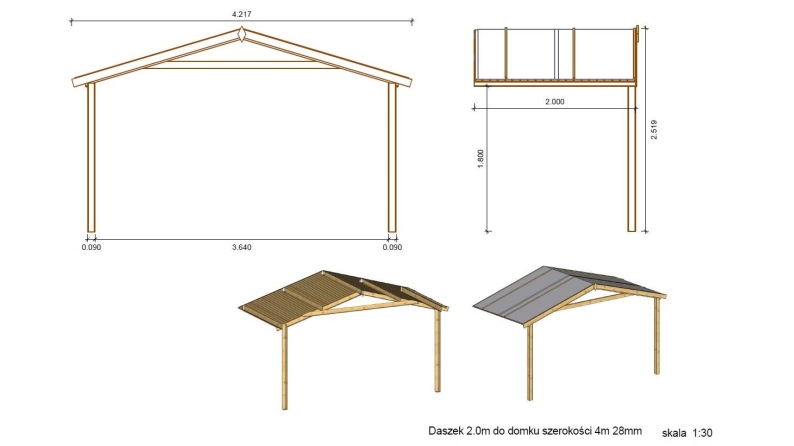 Abri de jardin en bois - 4x4 m + terrasse avec balustrade et avant-toit en bois - 24 m2 - Traité