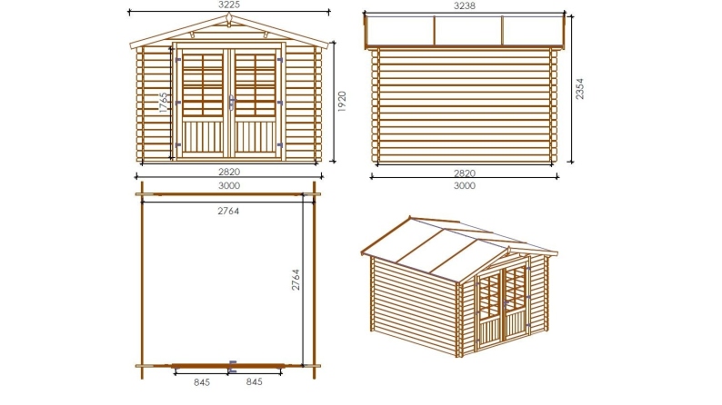 Abri de jardin en bois - 3x3 m + terrasse avec balustrade et avant-toit en bois - 18 m2