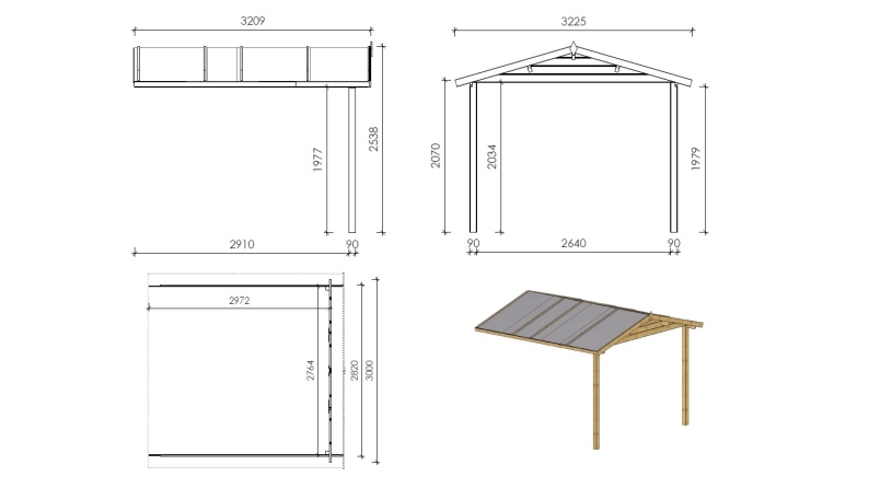 Abri de jardin en bois - 3x3 m + terrasse avec balustrade et avant-toit en bois - 18 m2