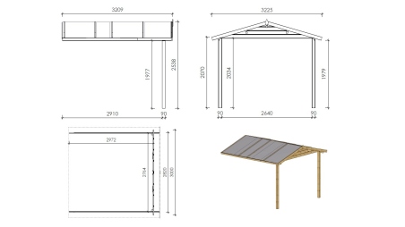 Abri de jardin en bois - 3x3 m + terrasse avec balustrade et avant-toit en bois - 18 m2