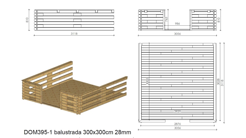 Abri de jardin en bois - 3x3 m + terrasse avec balustrade et avant-toit en bois - 18 m2