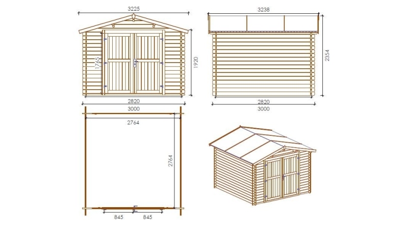 Abri de jardin en bois - 3x3 m + terrasse avec balustrade et avant-toit en bois - 18 m2