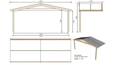 Abri de jardin en bois - 5x4 m + terrasse avec balustrade et avant-toit en bois - 30 m2