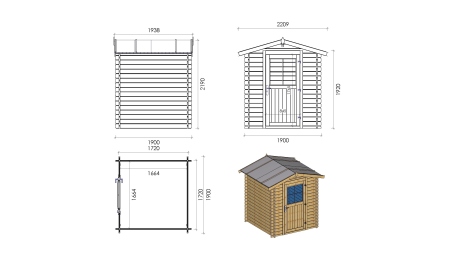 Abri de jardin en bois - 3,61m2 - 1,90x1,90m - Ep. 28mm - Couleur: naturel