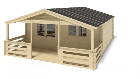 Abri de jardin en bois - 6x6 m + terrasse avec balustrade et avant-toit en bois - 48 m2