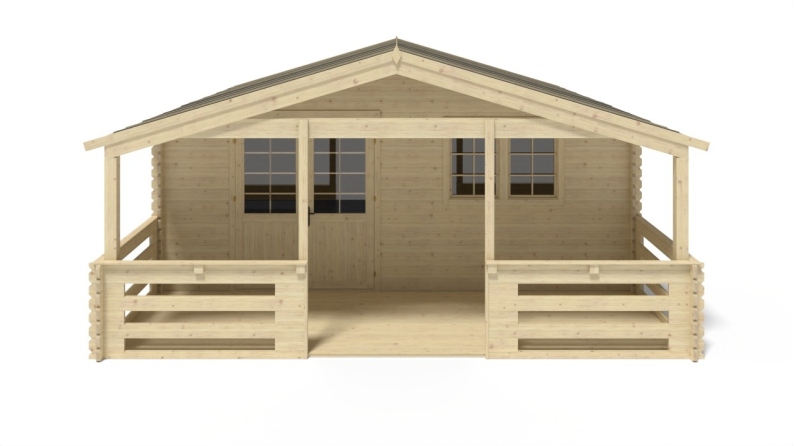 Abri de jardin en bois - 6x6 m + terrasse avec balustrade et avant-toit en bois - 48 m2
