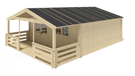 Abri de jardin en bois - 6x6 m + terrasse avec balustrade et avant-toit en bois - 48 m2