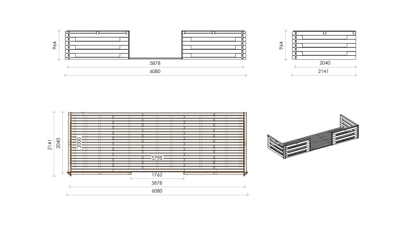 Abri de jardin en bois - 6x5 m + terrasse avec balustrade et avant-toit en bois - 42 m2