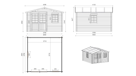 Abri de jardin en bois - 4x4 m + terrasse avec balustrade et avant-toit en bois - 28 m2
