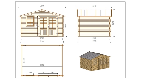 Abri de jardin en bois - 11,70m2 - 3,90x3m - Traité - Ep. 34mm - Couleur: marron