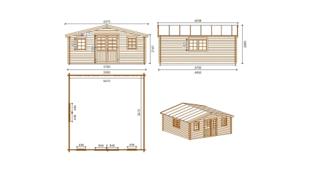 Abri de jardin en bois - 34,80m2 - 5,90x5,90m - Traité - Ep. 45mm - Couleur: marron