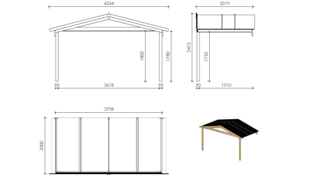 Abri de jardin en bois - 4x4 m + terrasse avec balustrade et avant-toit en bois - 24 m2
