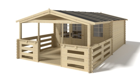 Abri de jardin en bois - 4x4 m + terrasse avec balustrade et avant-toit en bois - 28 m2