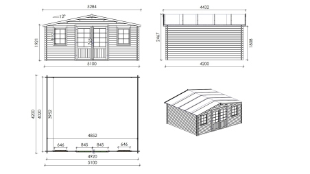 Abri de jardin en bois - 21,42m2 - 5,10x4,20m - Ep. 34mm - Couleur: naturel