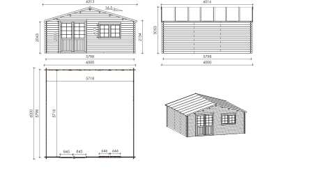 Abri de jardin en bois - 36m2 - 6x6m - Ep. 40mm - Couleur: naturel