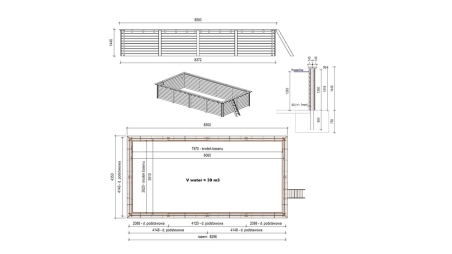 Piscine en bois Aqua 8,5x4,35 - H.1,45 m cadre en métal, sans dalle béton