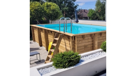 Piscine en bois Aqua 8,5x4,35 - H.1,45 m cadre en métal, sans dalle béton