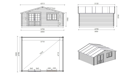 Abri de jardin en bois - 30m2 - 6x5m - Ep. 40mm - Couleur: naturel