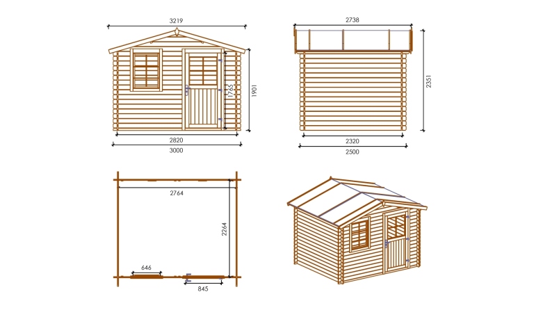 Abri de jardin en bois - 3x2.5 m + terrasse avec balustrade et avant-toit en bois - 16.5 m2