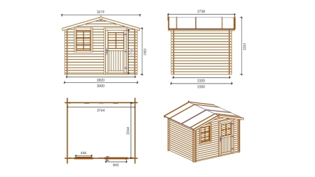 Abri de jardin en bois - 3x2.5 m + terrasse avec balustrade et avant-toit en bois - 16.5 m2 Abri de jardin en bois - 3x2.5 m + terrasse avec balustrade et avant-toit en bois - 16.5 m2