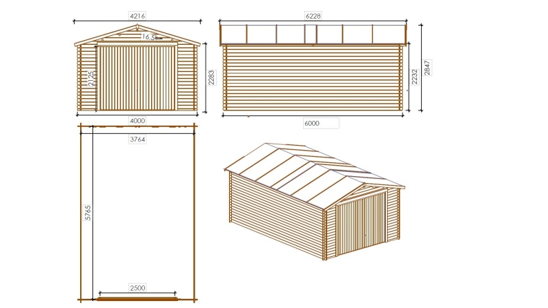 Garage en bois - 24m2 - 4x6m - imprégné - Ep. 28mm - couleur: marron