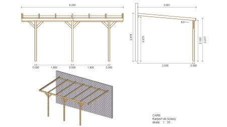 Carport, abri de voiture  3x5.24 m - 15 m2 - adossé 