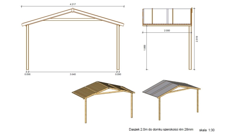 Abri de jardin en bois - 4x4 m + terrasse avec balustrade et avant-toit en bois - 24 m2 - Traité