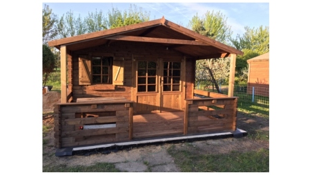 Abri de jardin en bois - 4x4 m + terrasse avec balustrade et avant-toit en bois - 24 m2 - Traité