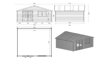 Abri de jardin en bois - 30m2 - 6x5m - Ep. 40mm - Couleur: naturel