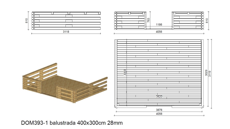 Terrasse en bois avec balustrade pour abri en bois - 12m2 - 4m x 3m - couleur: naturel