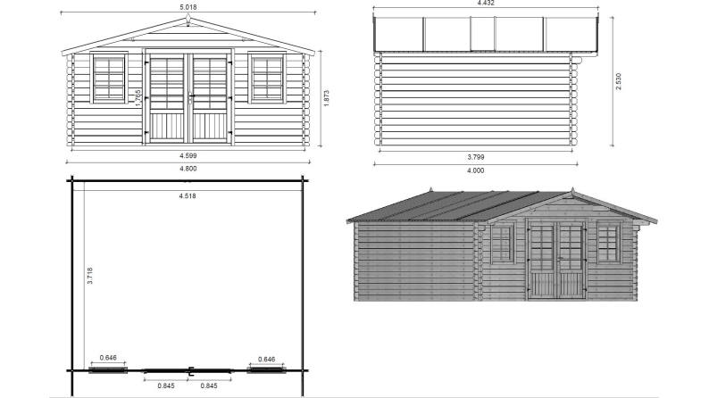 Abri de jardin en bois - 19.2m2 - 4.8x4m - Ep. 40mm - Couleur: naturel