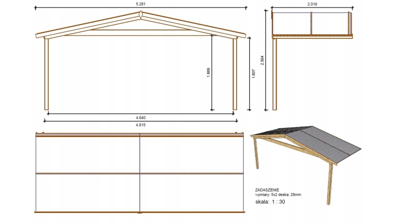 Avant-toit en bois 5x2m pour le chalet de jardin 5m, couleur naturel