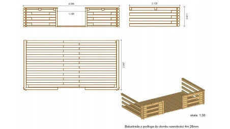 Terrasse en bois avec balustrade pour abri en bois - 8m2 - 4m x 2m - imprégnée - couleur: marron