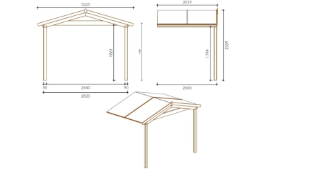 Avant-toit en bois 3x2m pour le chalet de jardin 3m, traité, marron