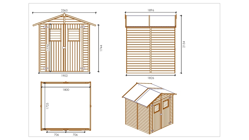Abri de jardin en bois 3.46 m2 - 1.9x1.82 m - traité - Couleur: vert