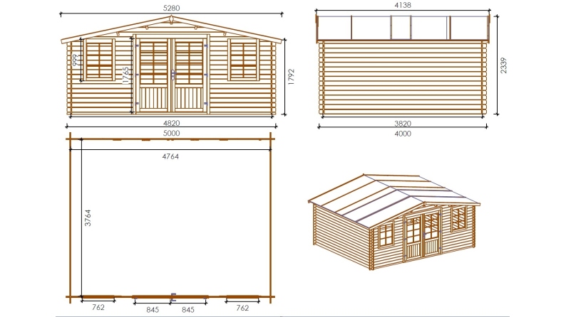 Abri de jardin en bois - 20m2 - 5x4m - Ep. 28mm - Couleur: naturel