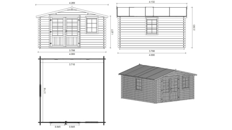 Abri de jardin en bois - 16m2 - 4x4m - Ep. 40mm - Couleur: naturel