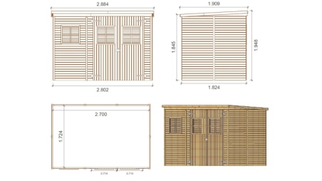Abri de jardin en bois 4.86 m2 - 2.7x1.8 m - Couleur: naturel