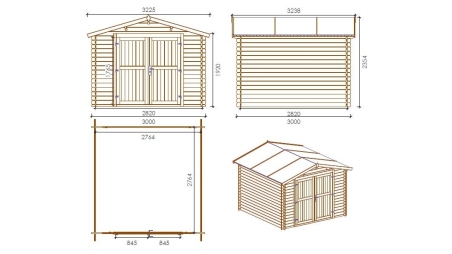 Abri de jardin en bois - 3x3 m + terrasse avec balustrade et avant-toit en bois - 18 m2