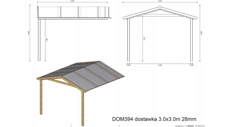 Avant-toit en bois 3x3m pour le chalet de jardin 3m, traité, marron