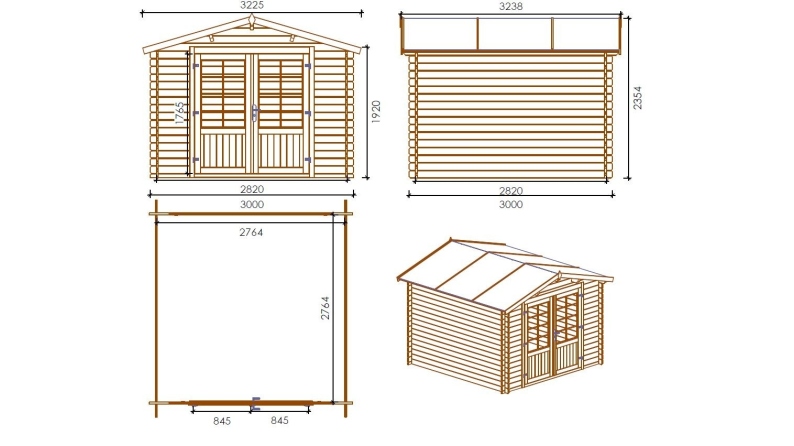 Abri de jardin en bois - 3x3 m + terrasse avec balustrade et avant-toit en bois - 18 m2 - Traité
