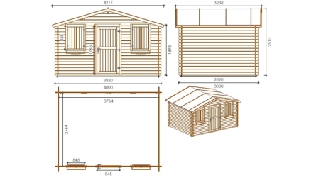 Abri de jardin en bois - 4x3 m + terrasse avec balustrade et avant-toit en bois - 24 m2