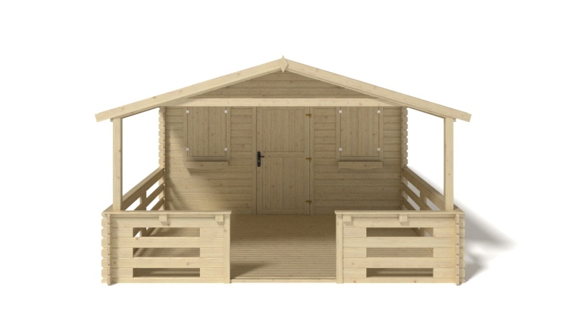 Abri de jardin en bois - 4x3 m + terrasse avec balustrade et avant-toit en bois - 24 m2